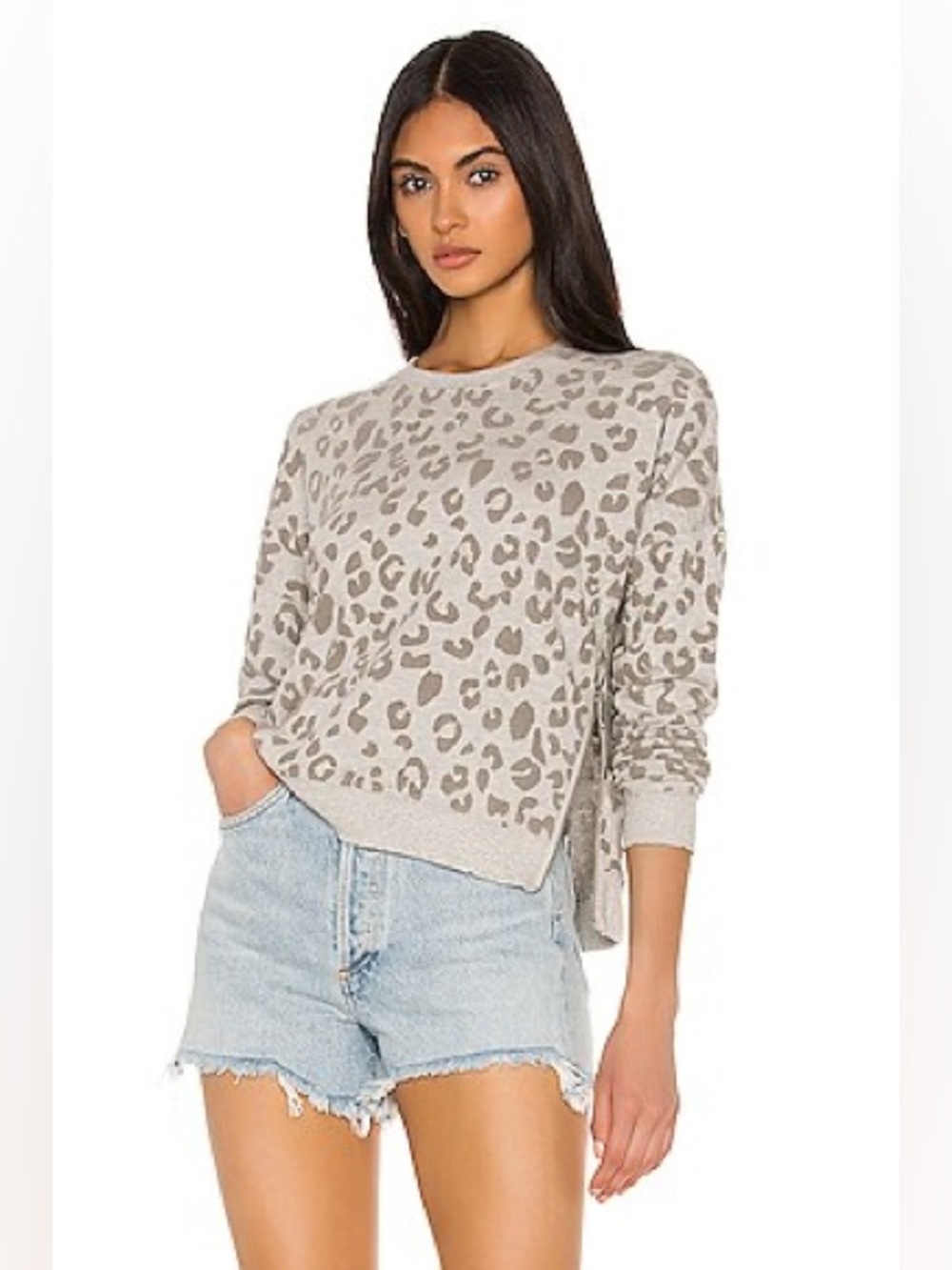 RAILS Marlo Flocked Heather Grey Leopard Print Side Zip Sweatshirt XS